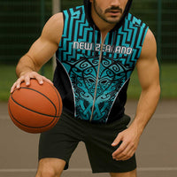 Custom Basketball New Zealand Sleeveless Zip Hoodie Teal Maori Ta Moko Indigenous - Polynesian Pride