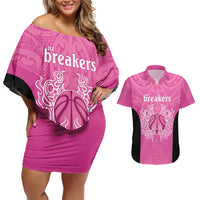 New Zealand Custom Couples Matching Off Shoulder Short Dress and Hawaiian Shirt Fire Basketball Maori Tribal Pink - Polynesian Pride