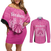 New Zealand Custom Couples Matching Off Shoulder Short Dress and Long Sleeve Button Shirt Fire Basketball Maori Tribal Pink - Polynesian Pride