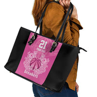 New Zealand Custom Leather Tote Bag Fire Basketball Maori Tribal Pink - Polynesian Pride