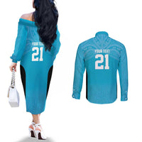 New Zealand Custom Couples Matching Off The Shoulder Long Sleeve Dress and Long Sleeve Button Shirt Fire Basketball Maori Tribal Sky Blue - Polynesian Pride