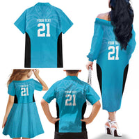 New Zealand Custom Family Matching Off The Shoulder Long Sleeve Dress and Hawaiian Shirt Fire Basketball Maori Tribal Sky Blue - Polynesian Pride