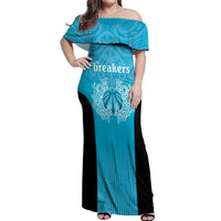 New Zealand Custom Off Shoulder Maxi Dress Fire Basketball Maori Tribal Sky Blue - Polynesian Pride