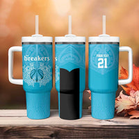 New Zealand Custom Tumbler With Handle Fire Basketball Maori Tribal Sky Blue - Polynesian Pride