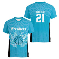 New Zealand Custom Women V-Neck T-Shirt Fire Basketball Maori Tribal Sky Blue - Polynesian Pride