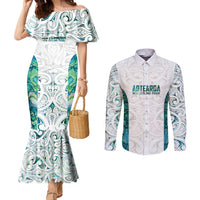 Custom New Zealand Aotearoa Couples Matching Mermaid Dress and Long Sleeve Button Shirt Green Maori Paua Shell Indigenous - Polynesian Pride