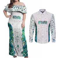 Custom New Zealand Aotearoa Couples Matching Off Shoulder Maxi Dress and Long Sleeve Button Shirt Green Maori Paua Shell Indigenous - Polynesian Pride