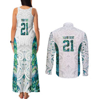 Custom New Zealand Aotearoa Couples Matching Tank Maxi Dress and Long Sleeve Button Shirt Green Maori Paua Shell Indigenous - Polynesian Pride