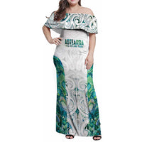 Custom New Zealand Aotearoa Family Matching Off Shoulder Maxi Dress and Hawaiian Shirt Green Maori Paua Shell Indigenous - Polynesian Pride