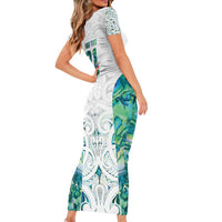 Custom New Zealand Aotearoa Family Matching Short Sleeve Bodycon Dress and Hawaiian Shirt Green Maori Paua Shell Indigenous - Polynesian Pride