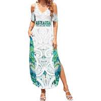 Custom New Zealand Aotearoa Family Matching Summer Maxi Dress and Hawaiian Shirt Green Maori Paua Shell Indigenous - Polynesian Pride