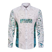 Custom New Zealand Aotearoa Long Sleeve Button Shirt Green Maori Paua Shell Indigenous - Polynesian Pride