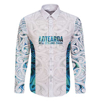 Custom New Zealand Aotearoa Family Matching Long Sleeve Bodycon Dress and Hawaiian Shirt Maori Paua Shell Indigenous LT9 Dad's Shirt - Long Sleeve Blue - Polynesian Pride