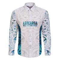 Custom New Zealand Aotearoa Family Matching Off The Shoulder Long Sleeve Dress and Hawaiian Shirt Maori Paua Shell Indigenous LT9 Dad's Shirt - Long Sleeve Blue - Polynesian Pride