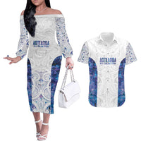 Custom New Zealand Aotearoa Couples Matching Off The Shoulder Long Sleeve Dress and Hawaiian Shirt Purple Maori Paua Shell Indigenous - Polynesian Pride