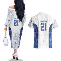 Custom New Zealand Aotearoa Couples Matching Off The Shoulder Long Sleeve Dress and Hawaiian Shirt Purple Maori Paua Shell Indigenous - Polynesian Pride