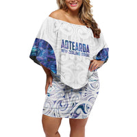 Custom New Zealand Aotearoa Family Matching Off Shoulder Short Dress and Hawaiian Shirt Purple Maori Paua Shell Indigenous - Polynesian Pride