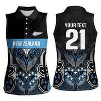 World Cricket Custom New Zealand Women Sleeveless Polo Shirt Kia kaha nga Potae Pango