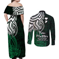 Your Matter Suicide Prevention Couples Matching Off Shoulder Maxi Dress and Long Sleeve Button Shirts Green Polynesian Tribal LT9 - Polynesian Pride
