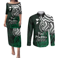 Your Matter Suicide Prevention Couples Matching Puletasi Dress and Long Sleeve Button Shirts Green Polynesian Tribal LT9 Green - Polynesian Pride