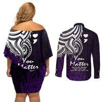 Your Matter Suicide Prevention Couples Matching Off Shoulder Short Dress and Long Sleeve Button Shirts Purple Polynesian Tribal LT9 - Polynesian Pride