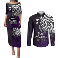 Your Matter Suicide Prevention Couples Matching Puletasi Dress and Long Sleeve Button Shirts Purple Polynesian Tribal LT9 Purple - Polynesian Pride