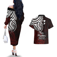 Your Matter Suicide Prevention Couples Matching Off The Shoulder Long Sleeve Dress and Hawaiian Shirt Red Polynesian Tribal LT9 - Polynesian Pride