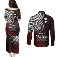 Your Matter Suicide Prevention Couples Matching Puletasi Dress and Long Sleeve Button Shirts Red Polynesian Tribal LT9 - Polynesian Pride