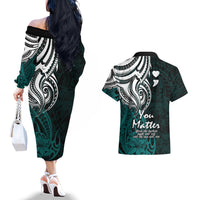 Your Matter Suicide Prevention Couples Matching Off The Shoulder Long Sleeve Dress and Hawaiian Shirt Turqoise Polynesian Tribal LT9 - Polynesian Pride