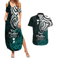 Your Matter Suicide Prevention Couples Matching Summer Maxi Dress and Hawaiian Shirt Turqoise Polynesian Tribal LT9 Turquoise - Polynesian Pride