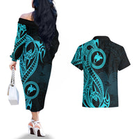 Papua New Guinea Island Couples Matching Off The Shoulder Long Sleeve Dress and Hawaiian Shirt Bird of Paradise with Aqua Polynesian Tribal LT9 - Polynesian Pride