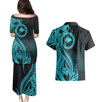 Papua New Guinea Island Couples Matching Puletasi Dress and Hawaiian Shirt Bird of Paradise with Aqua Polynesian Tribal LT9 - Polynesian Pride