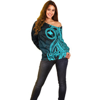 Papua New Guinea Island Off Shoulder Sweater Bird of Paradise with Aqua Polynesian Tribal LT9 - Polynesian Pride