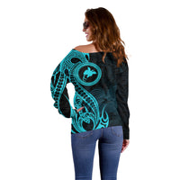 Papua New Guinea Island Off Shoulder Sweater Bird of Paradise with Aqua Polynesian Tribal LT9 - Polynesian Pride