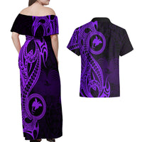 Papua New Guinea Island Couples Matching Off Shoulder Maxi Dress and Hawaiian Shirt Bird of Paradise with Purple Polynesian Tribal LT9 - Polynesian Pride