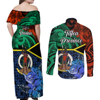tafea-day-couples-matching-off-shoulder-maxi-dress-and-long-sleeve-button-shirts-vanuatu-sand-drawing-with-polynesian-pattern