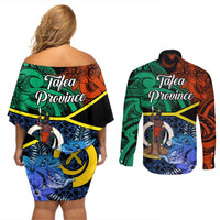 tafea-day-couples-matching-off-shoulder-short-dress-and-long-sleeve-button-shirts-vanuatu-sand-drawing-with-polynesian-pattern