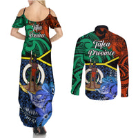 tafea-day-couples-matching-summer-maxi-dress-and-long-sleeve-button-shirts-vanuatu-sand-drawing-with-polynesian-pattern