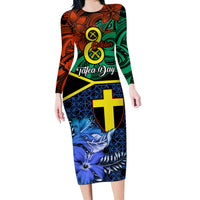 Tafea Day Long Sleeve Bodycon Dress Vanuatu Sand Drawing With Polynesian Pattern LT9 Long Dress Blue - Polynesian Pride