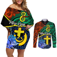 personalised-tafea-day-couples-matching-off-shoulder-short-dress-and-long-sleeve-button-shirts-vanuatu-sand-drawing-with-polynesian-pattern