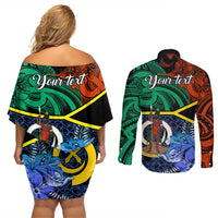 personalised-tafea-day-couples-matching-off-shoulder-short-dress-and-long-sleeve-button-shirts-vanuatu-sand-drawing-with-polynesian-pattern