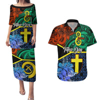 Personalised Tafea Day Couples Matching Puletasi Dress and Hawaiian Shirt Vanuatu Sand Drawing With Polynesian Pattern LT9 Blue - Polynesian Pride