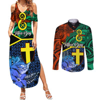 Personalised Tafea Day Couples Matching Summer Maxi Dress and Long Sleeve Button Shirts Vanuatu Sand Drawing With Polynesian Pattern LT9 Blue - Polynesian Pride