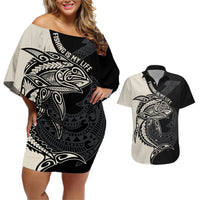 personalised-polynesia-fishing-couples-matching-off-shoulder-short-dress-and-hawaiian-shirt-with-maori-hei-matau-fish-hook-gold-art