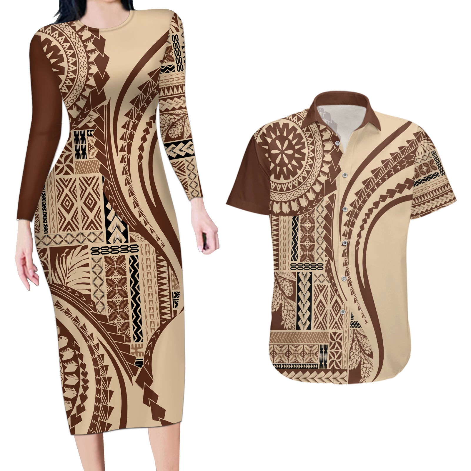 Samoa Siapo Arty Couples Matching Long Sleeve Bodycon Dress and Hawaiian Shirt Brown Style LT9 Brown - Polynesian Pride