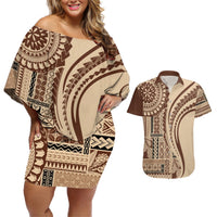 Samoa Siapo Arty Couples Matching Off Shoulder Short Dress and Hawaiian Shirt Brown Style LT9 Brown - Polynesian Pride
