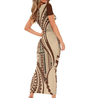 Samoa Siapo Arty Short Sleeve Bodycon Dress Brown Style LT9 - Polynesian Pride