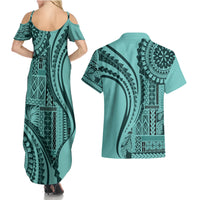 Samoa Siapo Arty Couples Matching Summer Maxi Dress and Hawaiian Shirt Turquoise Style LT9 - Polynesian Pride