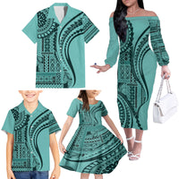 Samoa Siapo Arty Family Matching Off Shoulder Long Sleeve Dress and Hawaiian Shirt Turquoise Style LT9 - Polynesian Pride