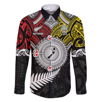 Aotearoa and Niue Mo Te Tiriti Family Matching Off Shoulder Short Dress and Hawaiian Shirt New Zealand Honour The Treaty Ake!Ake!Ake! LT9 Dad's Shirt - Long Sleeve Gold - Polynesian Pride